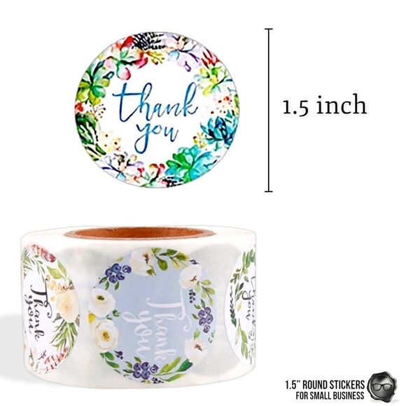 1.5" THANK YOU STICKERS IN 8 FLORAL WREATH DESIGNS BULK ROLL 400 SMALL BUSINESS - Picture 4 of 4